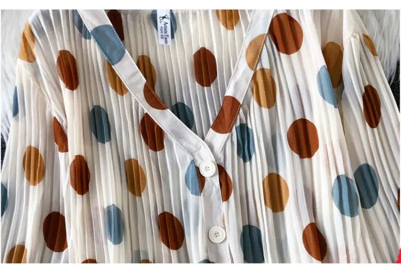 Polka Dot Casual V-Neck Chiffon Blouse with Single Breasted Button and Lantern Sleeve Folds Lightweight Women's Top