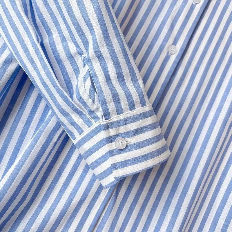 Women's Blue Pure Linen Striped Shirt Comfortable Casual Commuting Top Spring Autumn Lightweight Blouse