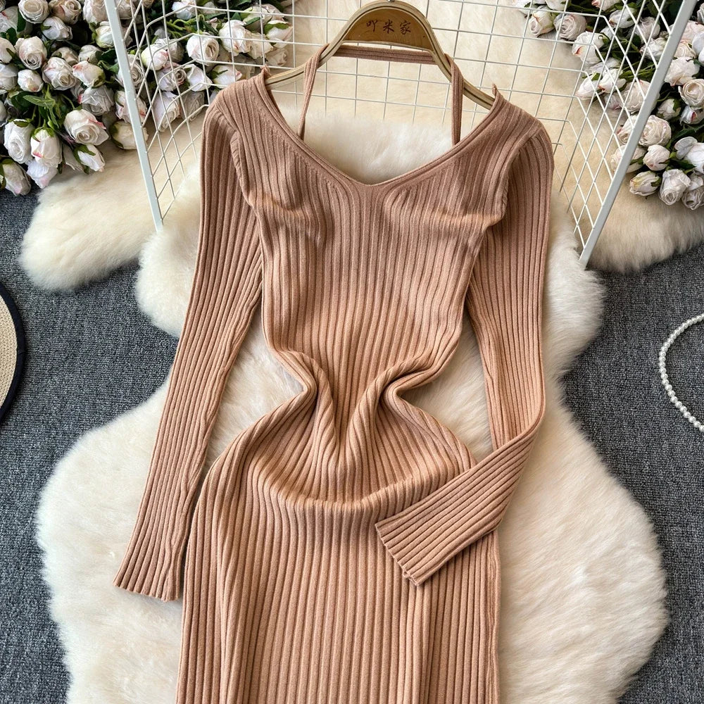 White Long Sleeve V Neck Lace Up Elegant Dress For Women