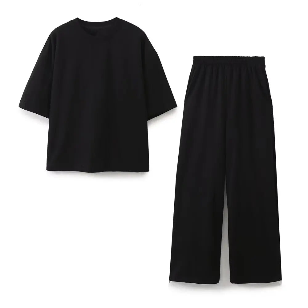 Women's Solid Casual T Shirt and Pant Set with Short Sleeves and Lace-Up Side Pockets