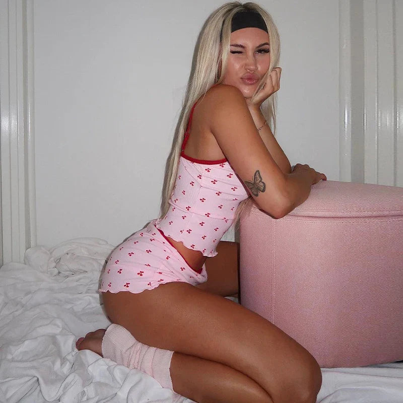 Cherry Print Two-Piece Matching Set with Slim Crop Camisole Top and Bow-Accent Shorts Summer Casual Festival and Workout Outfit for Women