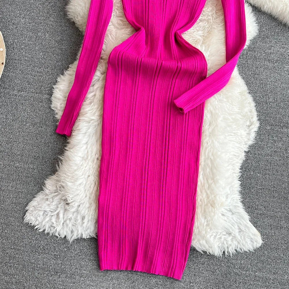 Long Sleeve Knitted Bodycon Dress For Women Autumn Retro