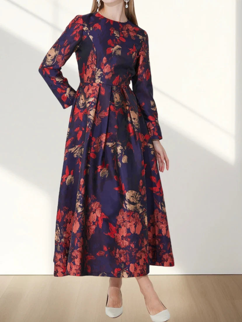 Boho Floral Jacquard Maxi Dress With Long Sleeves For Fall