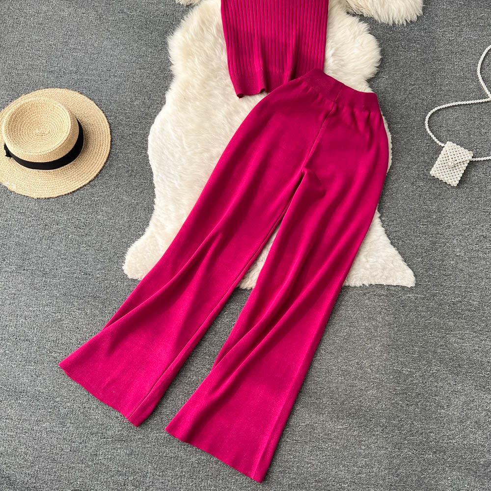 3 Piece Knitted Tracksuit Set for Women Comfy Loungewear with Long Cardigan Coat Turtleneck Vest and Pants