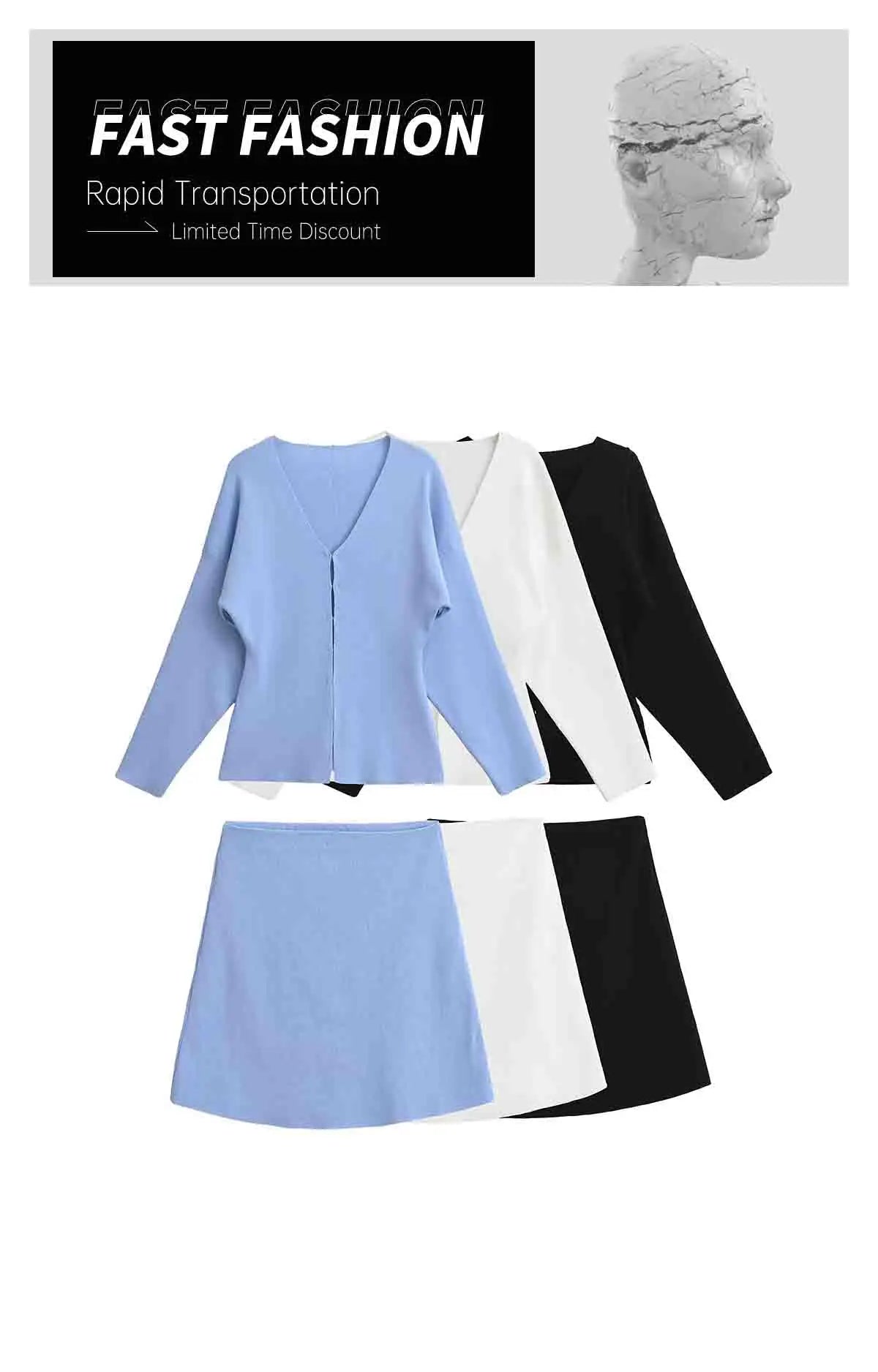Women's Casual V-Neck Long Sleeve Knitted Cardigan and Short Skirt Set Slim Fit Stylish Two-Piece Outfit