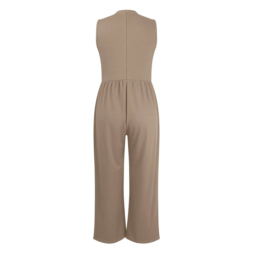 Women Sleeveless High Neck Ribbed Tank Top Jumpsuit Wide Leg Pants Romper with Tummy Control and High Waist Casual Summer Outfit