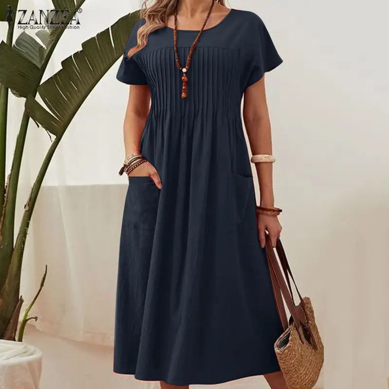 Summer Party Sundress Women O Neck Short Sleeve Mid Calf