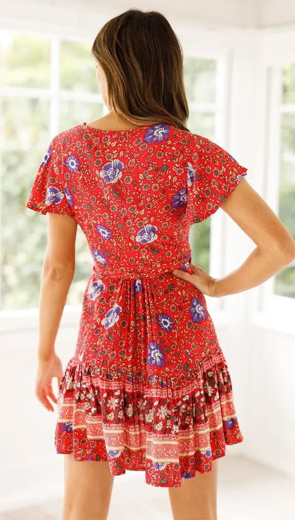 Bohemian Printed Dress With V Neck Lace Up Short Skirt