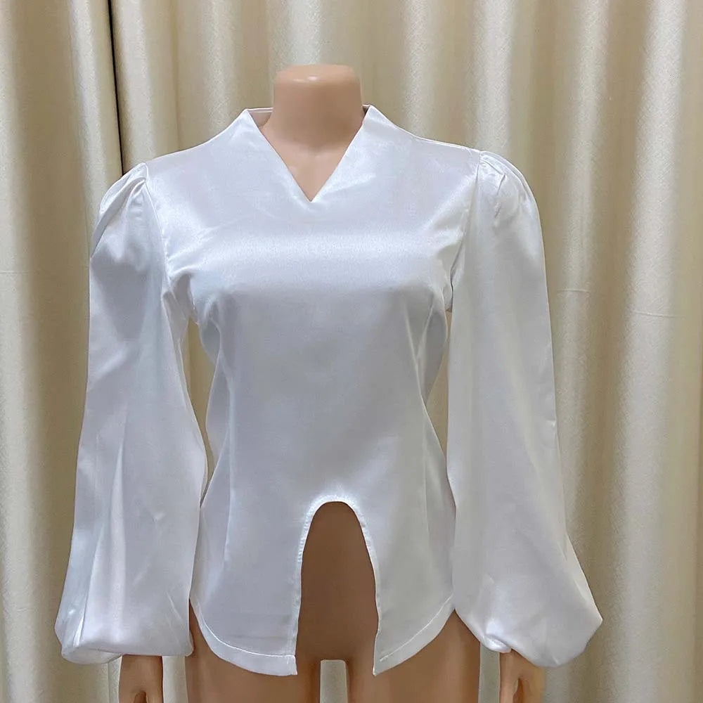 Elegant Satin V Neck Office Blouse for Women Full Sleeve Front Split Luxury Party and Dinner Shirt