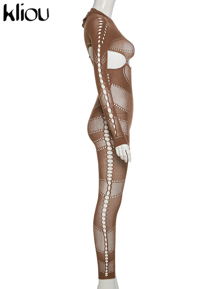 Sexy Mesh Patchwork Sheer Full Sleeve Hoodie Jumpsuit for Women Hipster Body-Shaping Streetwear Overalls