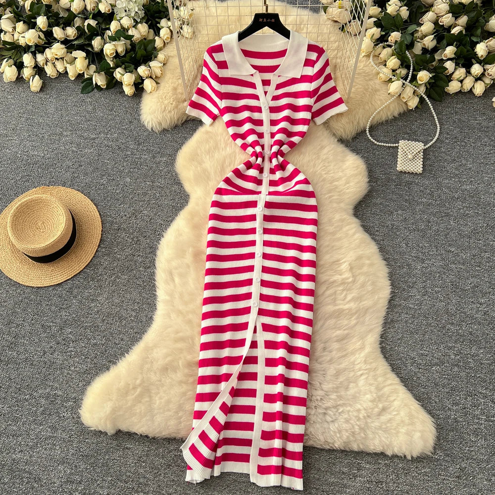 Women Striped Knitted Bodycon Maxi Dress for Summer