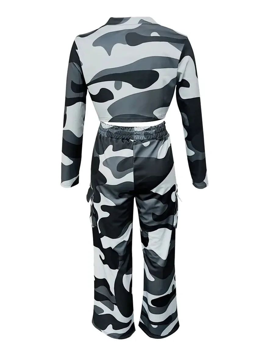 Camo Print Cargo Pants Set with Sexy Crop Top and High Waist Wide Leg Trousers for Women