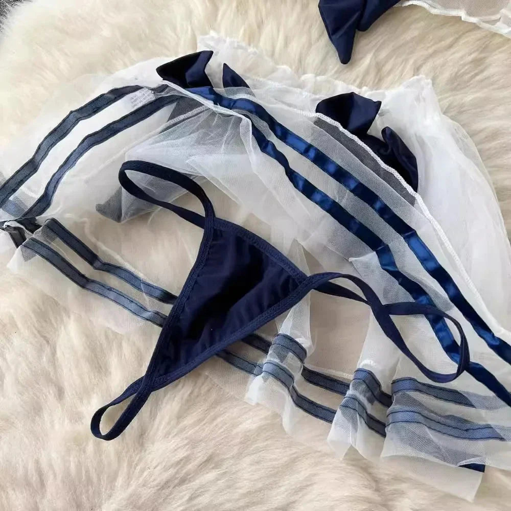 Women's Sexy Transparent Sailor Student Uniform Cosplay Costume Sheer Bowknot Stripe Patchwork Top with Mini Skirt Two-Piece Set