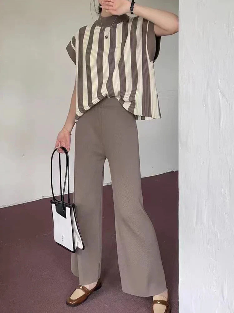Women Casual Striped Sweater Pant Set Autumn Winter Knitted Short Sleeve Tops and Elastic Sweater Pants