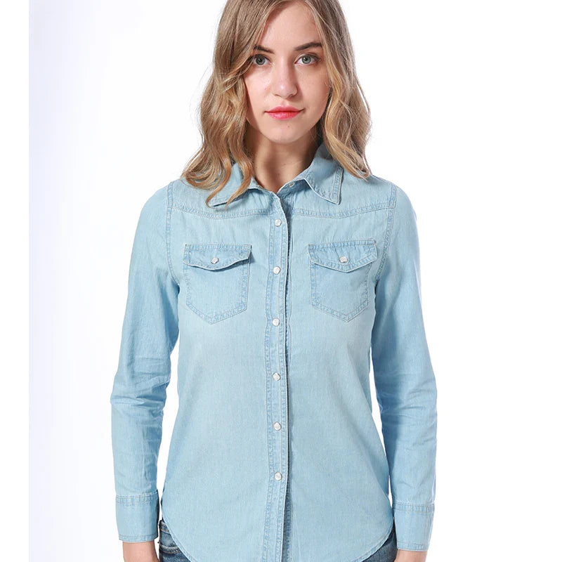 Elegant Sky Blue Denim Shirt for Women Long Sleeve Blouse with Pearl Buttons and Front Pockets Breathable Cotton Korean Style Top