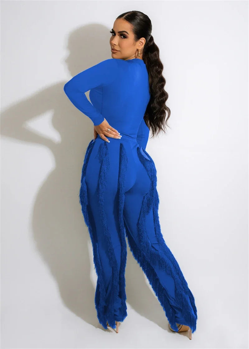 Elegant 2 Piece Women's Outfit Long Sleeve Bodysuit Top and Tassel Pants Set for Autumn Winter
