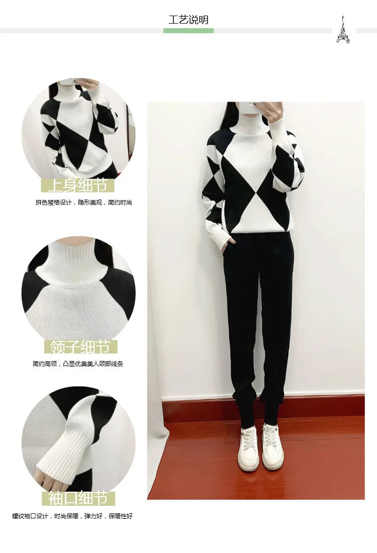 Women's Thick Soft Knitted Sweater and Long Pant Set Casual 2PCS Track Suit for Autumn and Winter
