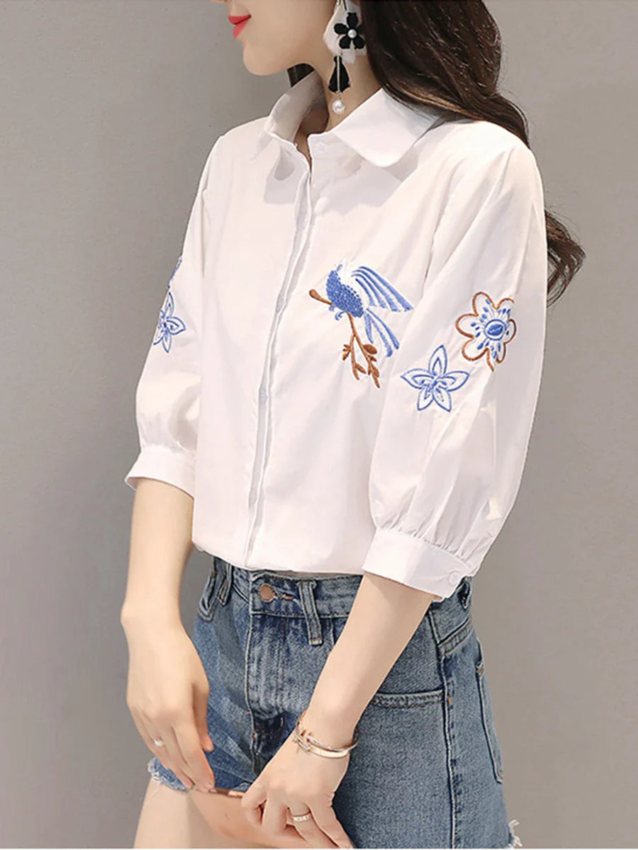 Embroidered Five-Point Sleeve Summer Shirt for Women Lightweight Lapel Casual Top with Elegant Literary Style and Versatile Temperament