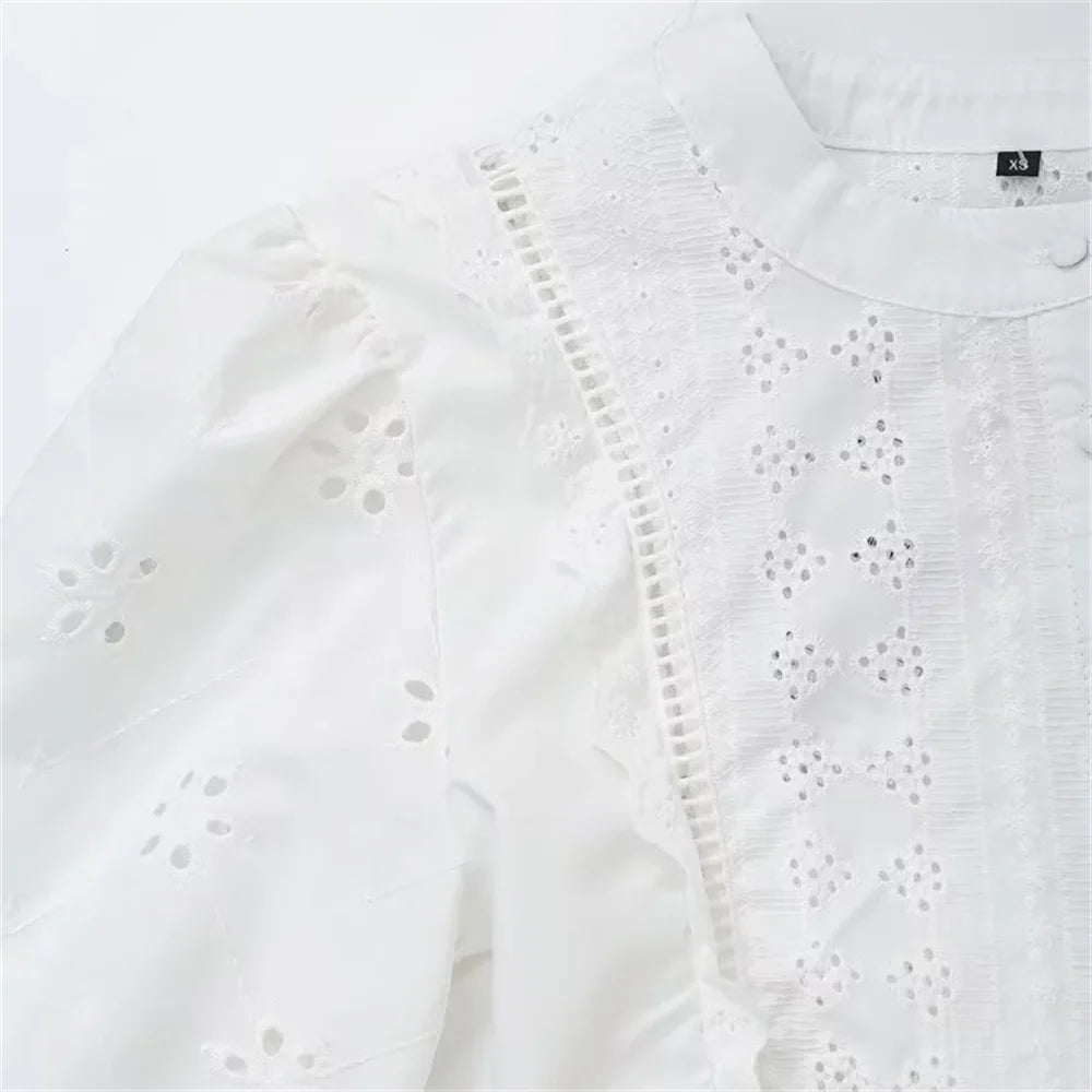 Women's Single Breasted Round Neck Lantern Sleeve Embroidered Hollow Shirt with Elegant Design and Slimming Fit