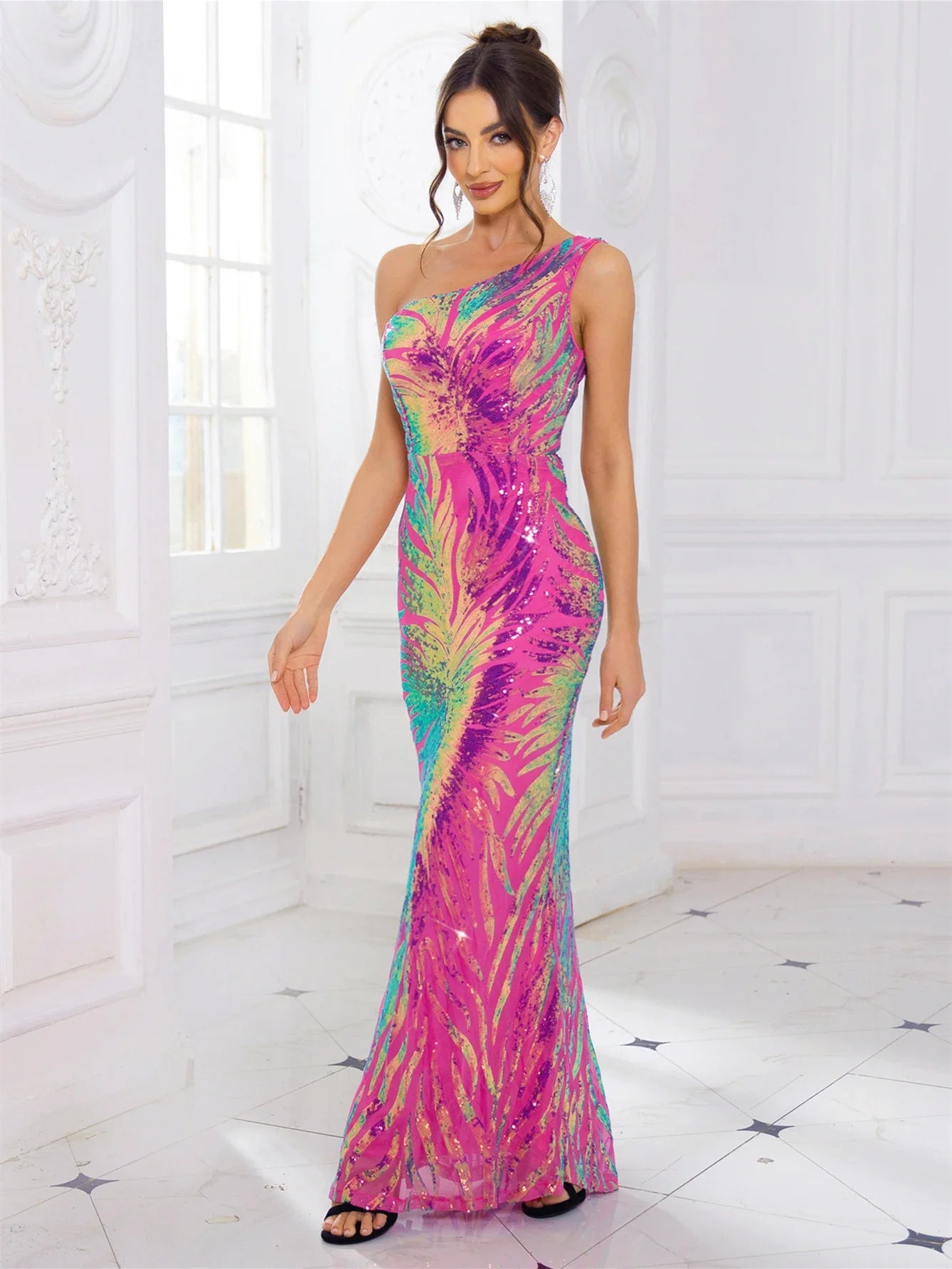 One Shoulder Sequined Maxi Dress For Party Evening Gown