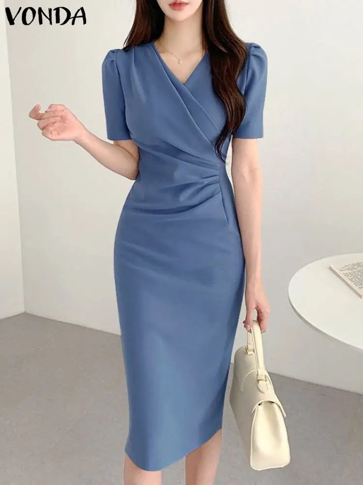 Elegant Women Office Dress V Neck Solid Color Short Sleeve