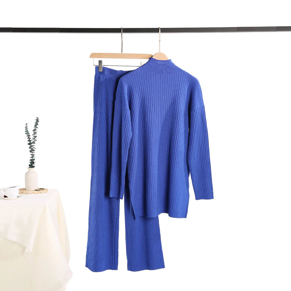 Cozy Knitted Two-Piece Women's Tracksuit Set Featuring Half Turtleneck Sweater and Wide Leg Jogger Pants for Autumn and Winter