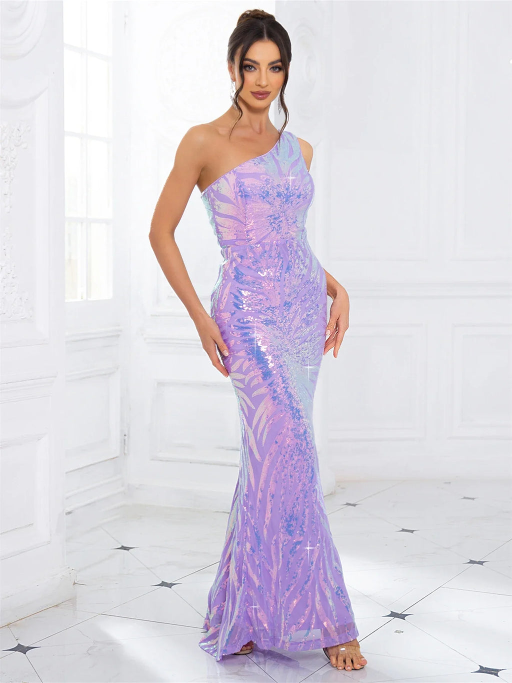 One Shoulder Sequined Maxi Dress For Party Evening Gown
