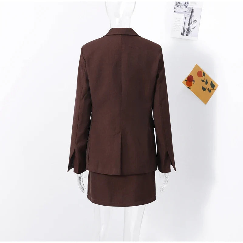 Elegant Women Blazer and Mini Skirt Set with Shoulder Pads Cinched Waist Suit Jacket and A-line Skirt Two-Piece Office Outfit