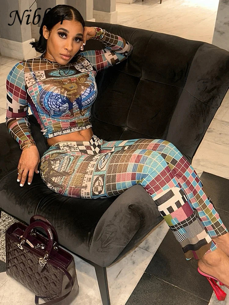 Colorful Pixel Print Mesh Women Two Piece Tracksuit Set with Full Sleeve Crop Top and Stretch Leggings Matching Streetwear Outfit
