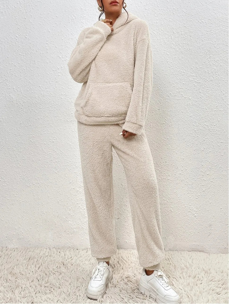 Autumn Winter Women Casual Hooded Sweatshirt and Plush Leg Pants 2 Piece Set Warm Furry Outfit