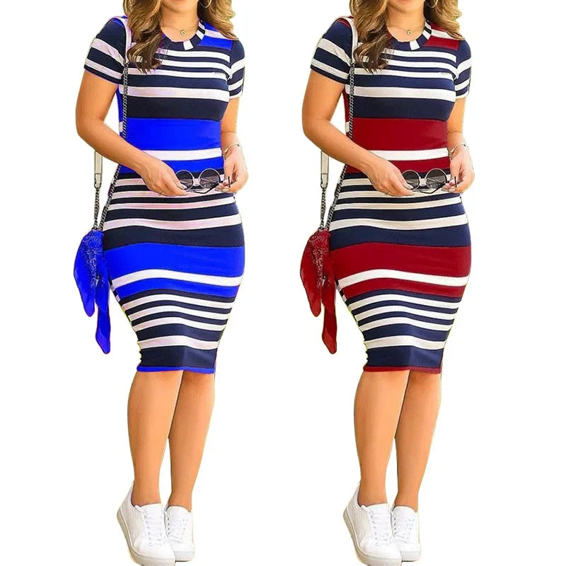 Summer Leaf Striped Print Bodycon Dress Knee Length