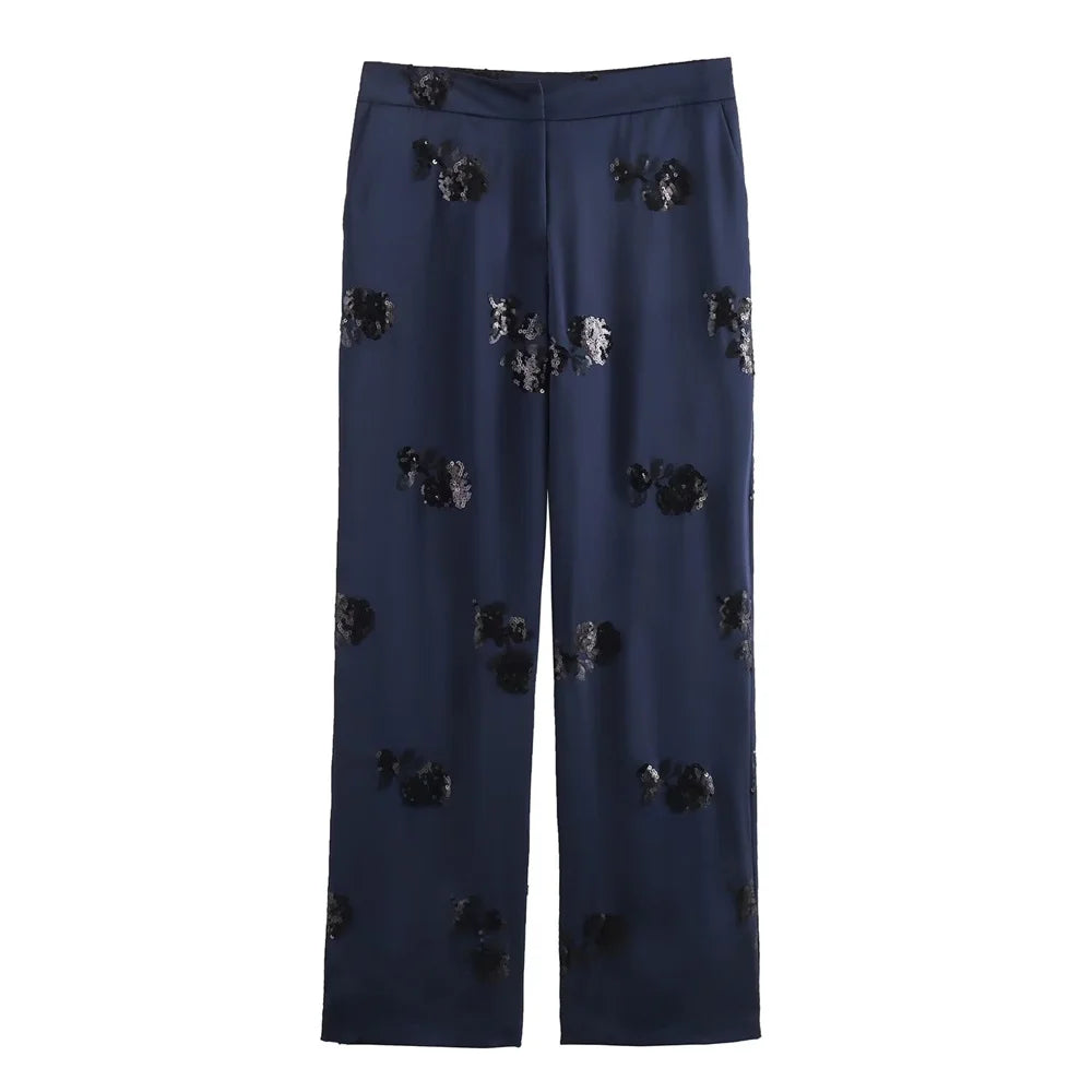 Sequin Lace Up Kimono Coat Beaded Silk Pants Set Two Piece