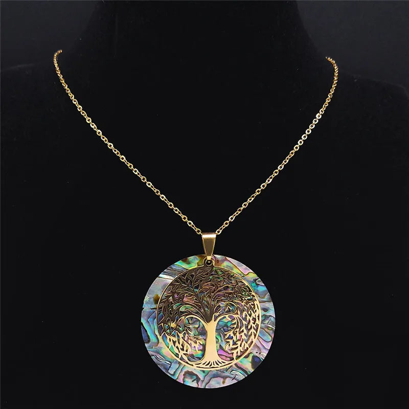 Tree of Life Abalone Shell Necklace Gold Color Stainless Steel Boho Jewelry for Weddings and Special Occasions