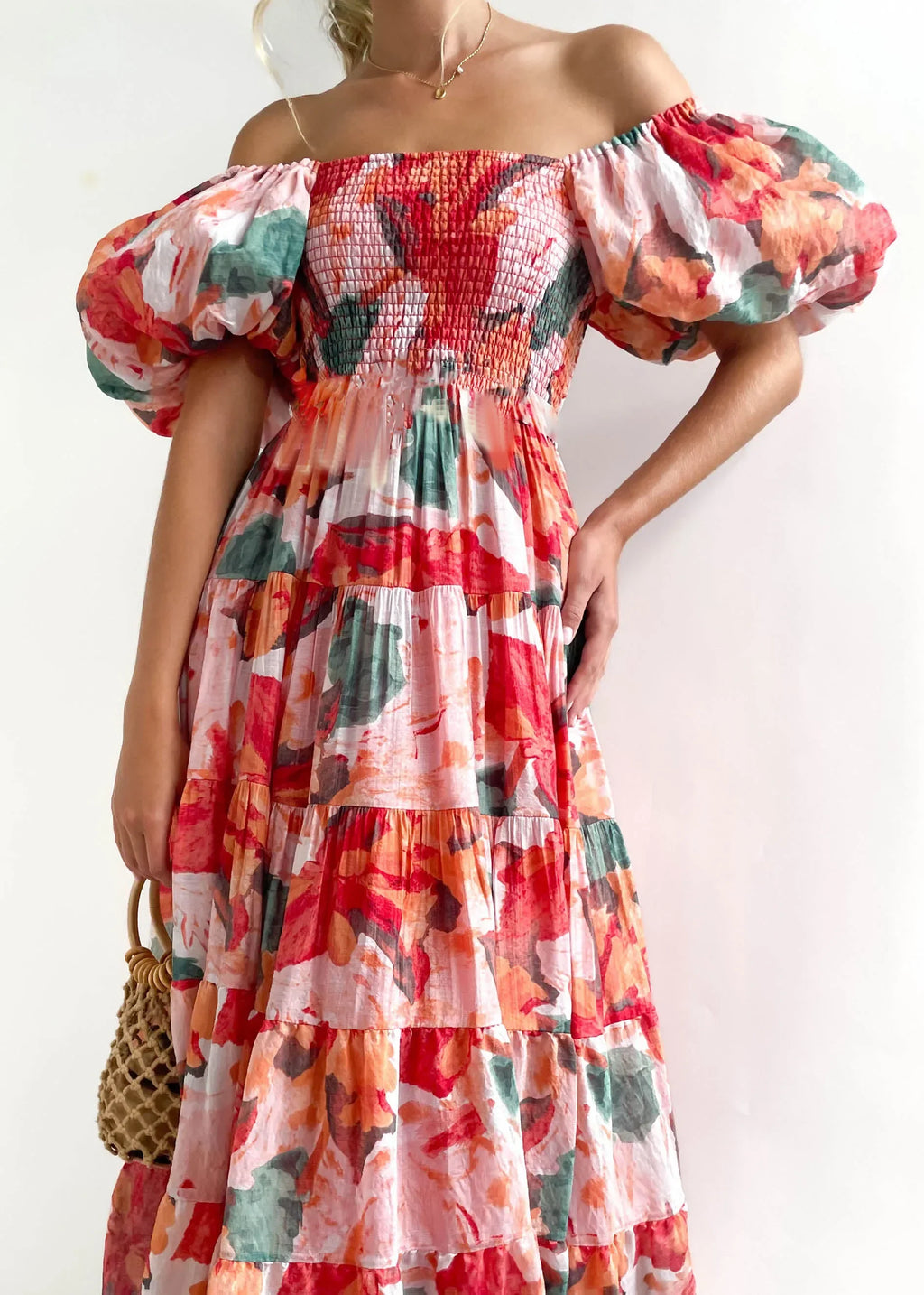 One Shoulder Summer Dress With Square Neck Lantern Sleeves