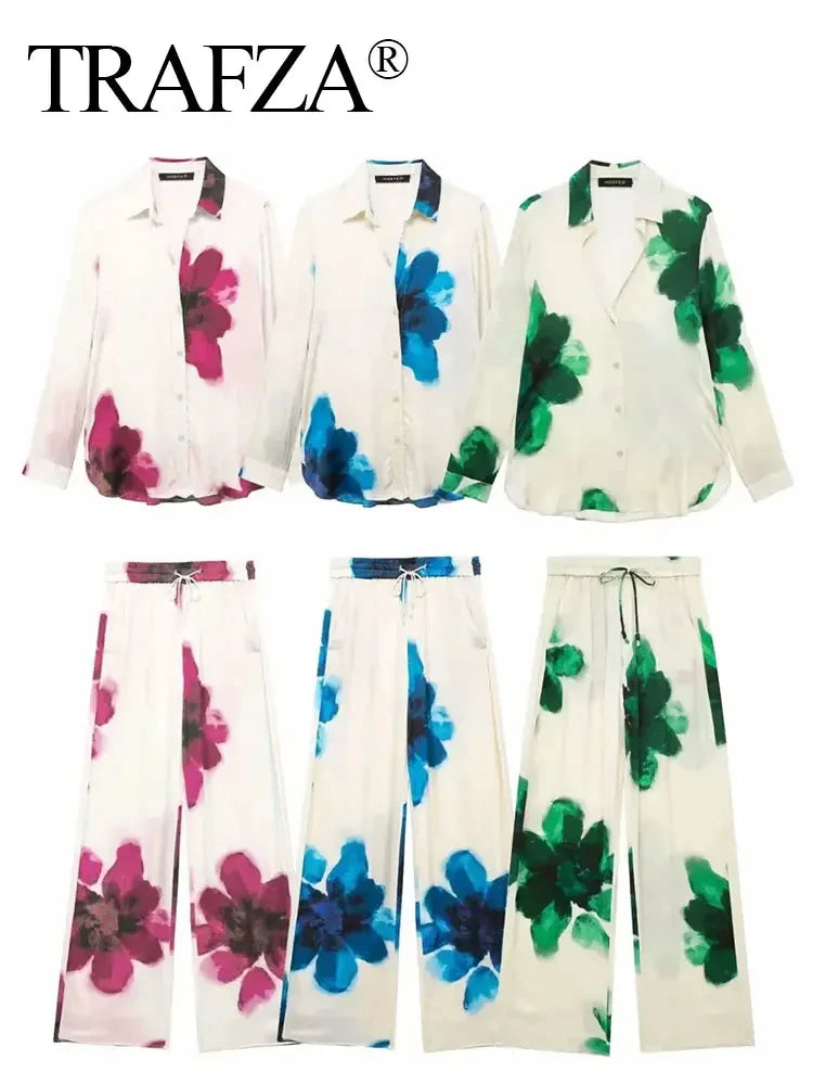 Elegant Floral Print Pant Set With Lapel Long Sleeve Loose Blouse And Drawstring High Waist Wide Leg Pants For Women