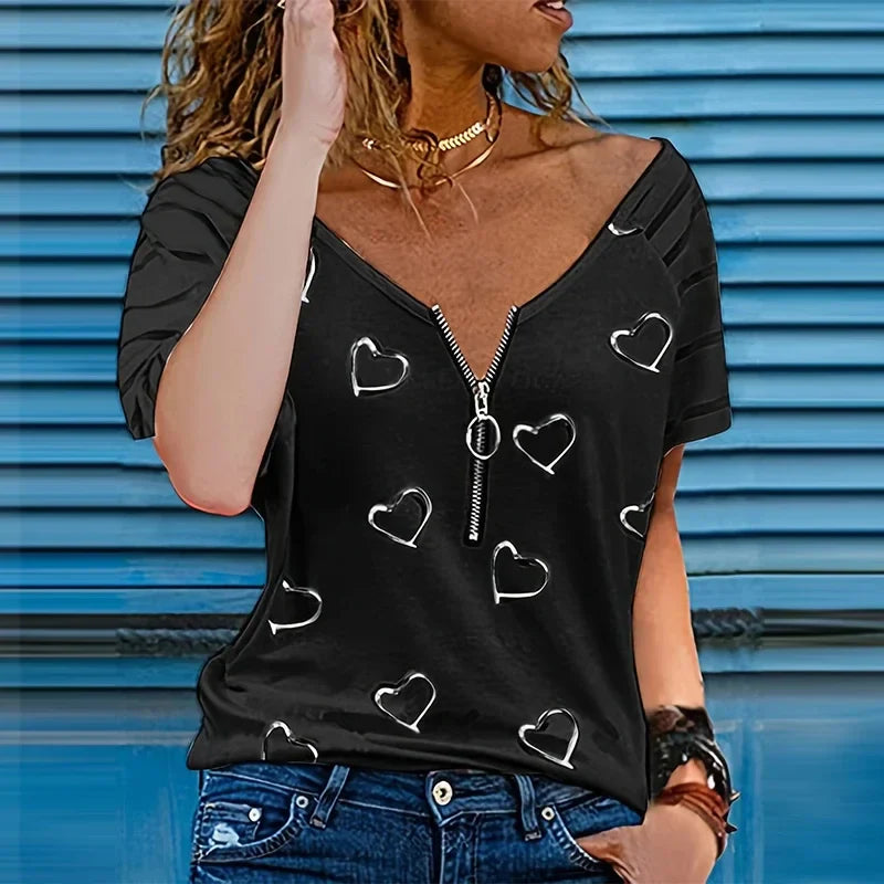 Womens Casual Zipper Short Sleeve V Neck Loose T Shirt