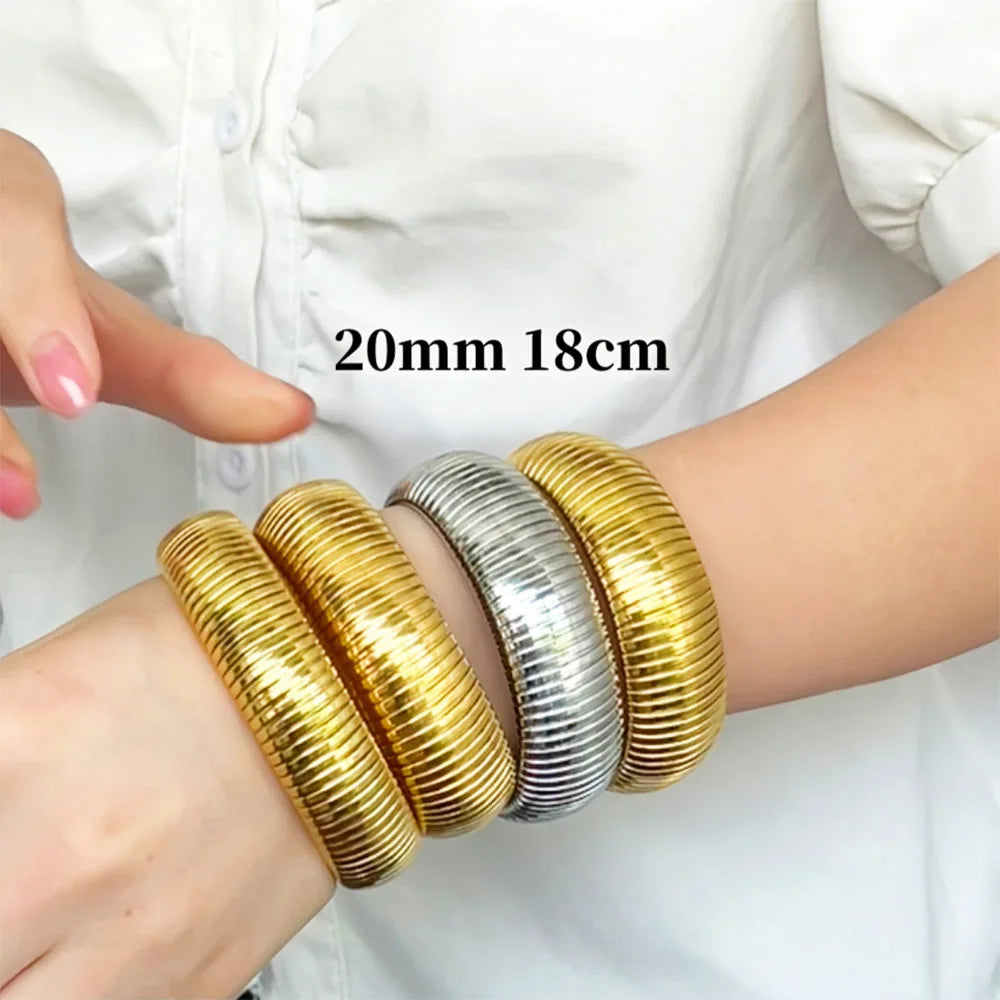 304L Stainless Steel Elastic Bracelet for Women with 18k Gold Plated Charm Wide Chunky Metal Spiral Bangle Waterproof Fashion Jewelry