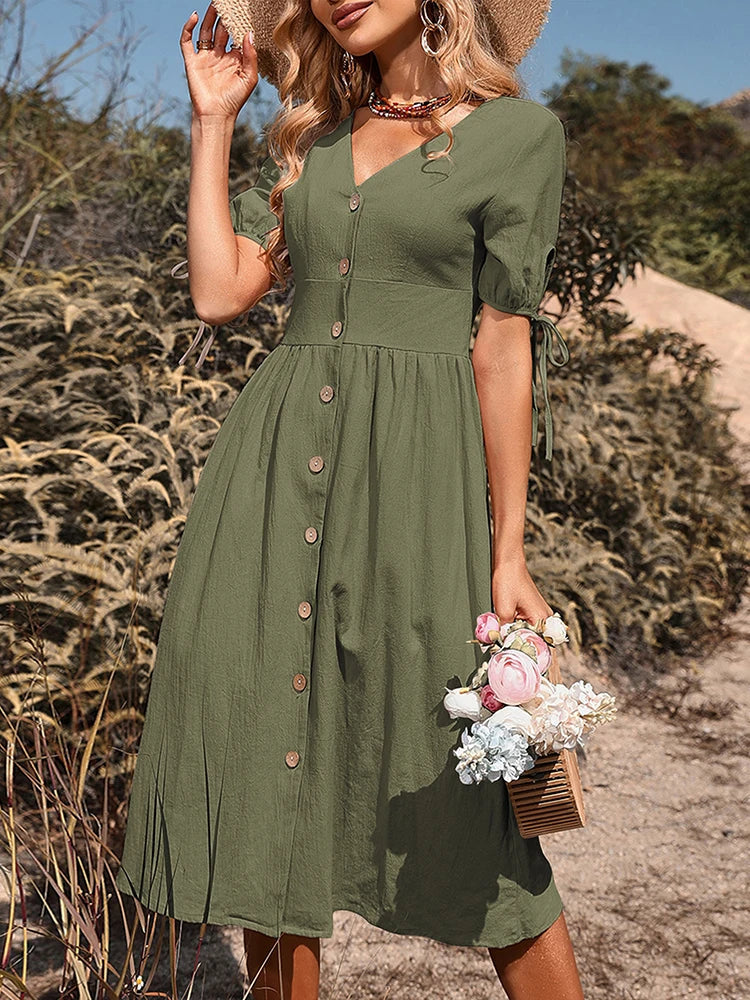 Women's V Neck Button Down Midi Dress Aline Sundress