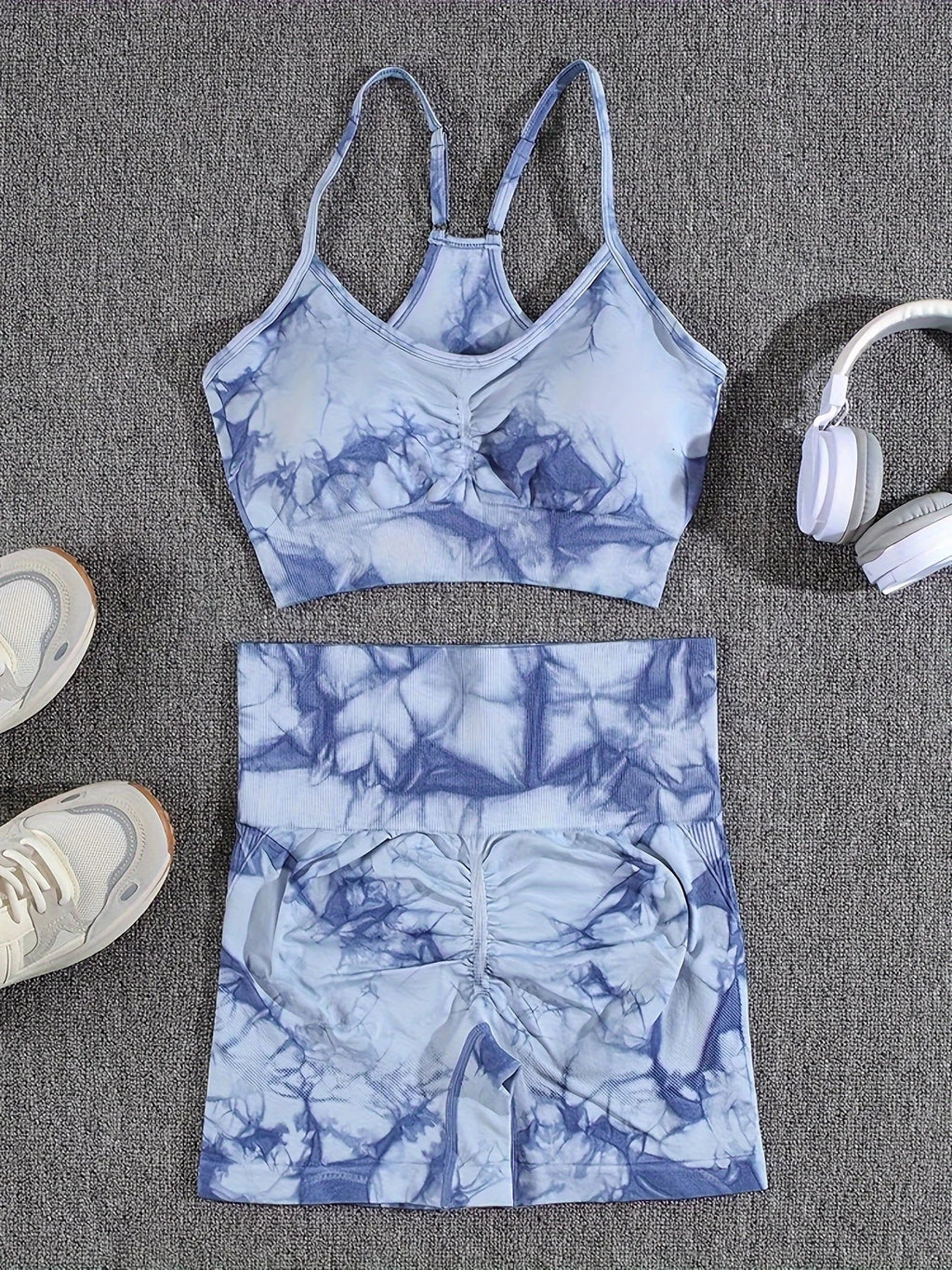 2-Piece Women Tie-Dye Sports Shorts and Crop Top Set Breathable Athletic Workout Gym Outfit Perfect for Yoga Fitness and Biking