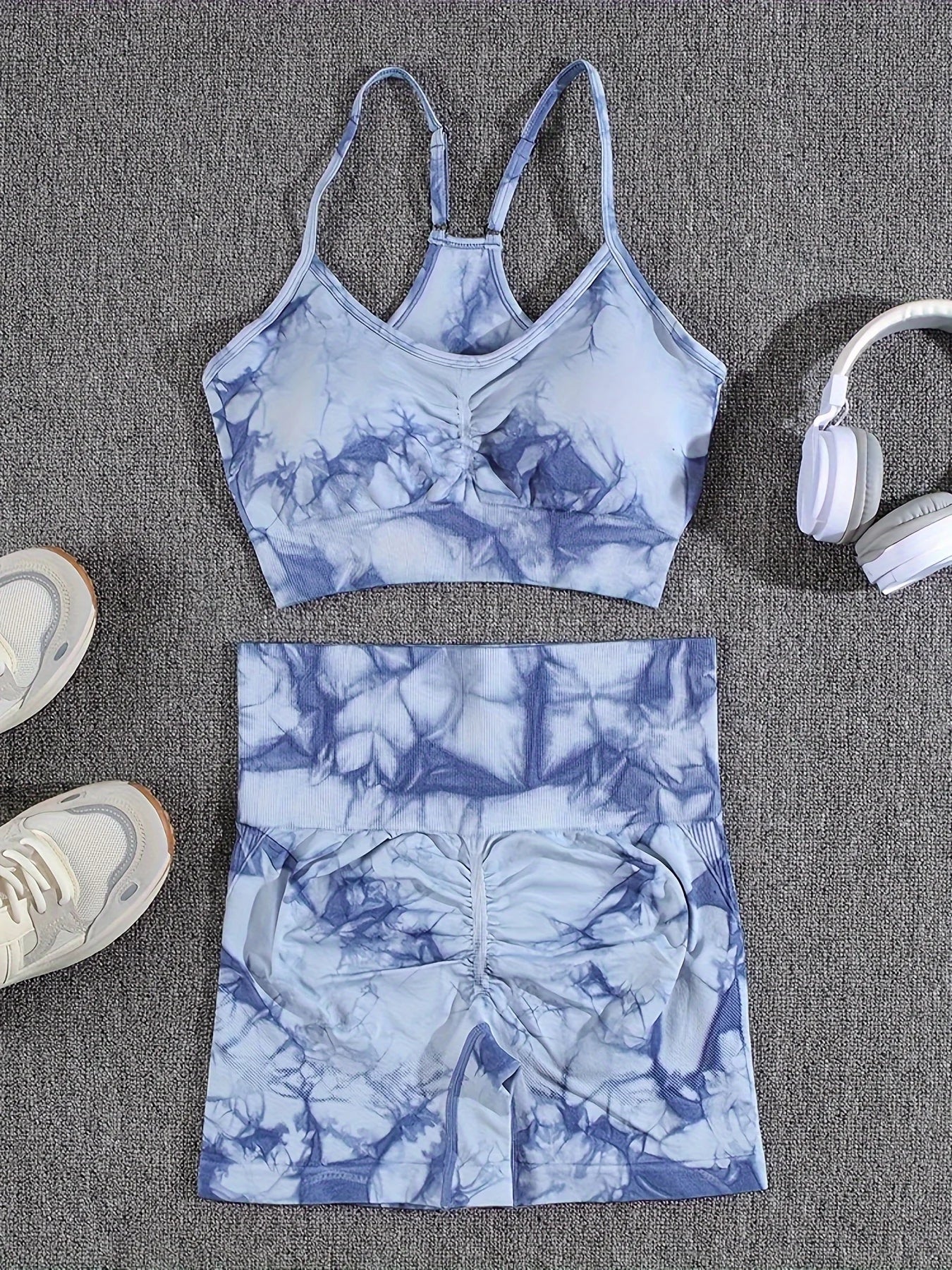 2-Piece Women Tie-Dye Sports Shorts and Crop Top Set Breathable Athletic Workout Gym Outfit Perfect for Yoga Fitness and Biking