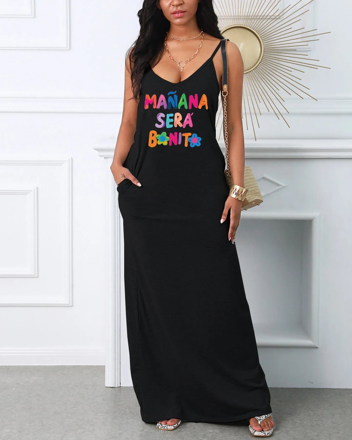 Women's Summer Letter Print Loose Vneck Pocket Dress