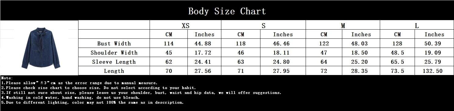 Women's Elegant Denim Shirt with Bowtie Single Breasted Casual Streetwear Autumn Winter Fashion Solid Button-Up