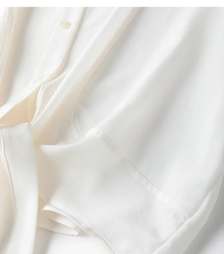 Women 100 Percent Mulberry Crepe Silk White Blouse Lantern Sleeves Bow-Tie Hem Loose Fit Office Top