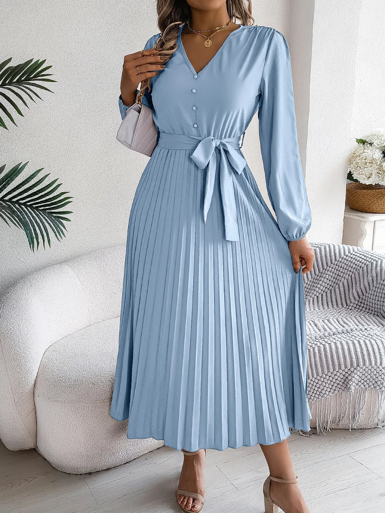 Elegant Autumn V Neck Belted Pleated Long Sleeve Dress