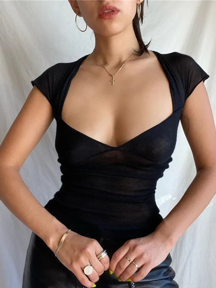 Square Collar Backless Crop Top for Women Short Sleeve Elegant Streetwear Tees