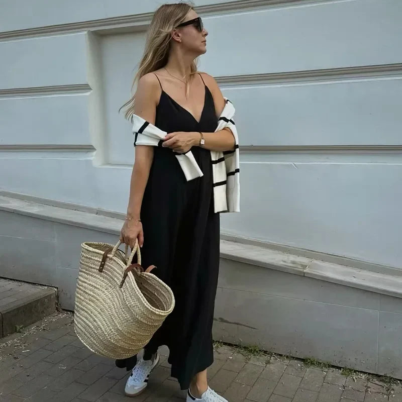 Backless Slip Midi Dress For Summer Beach In Black
