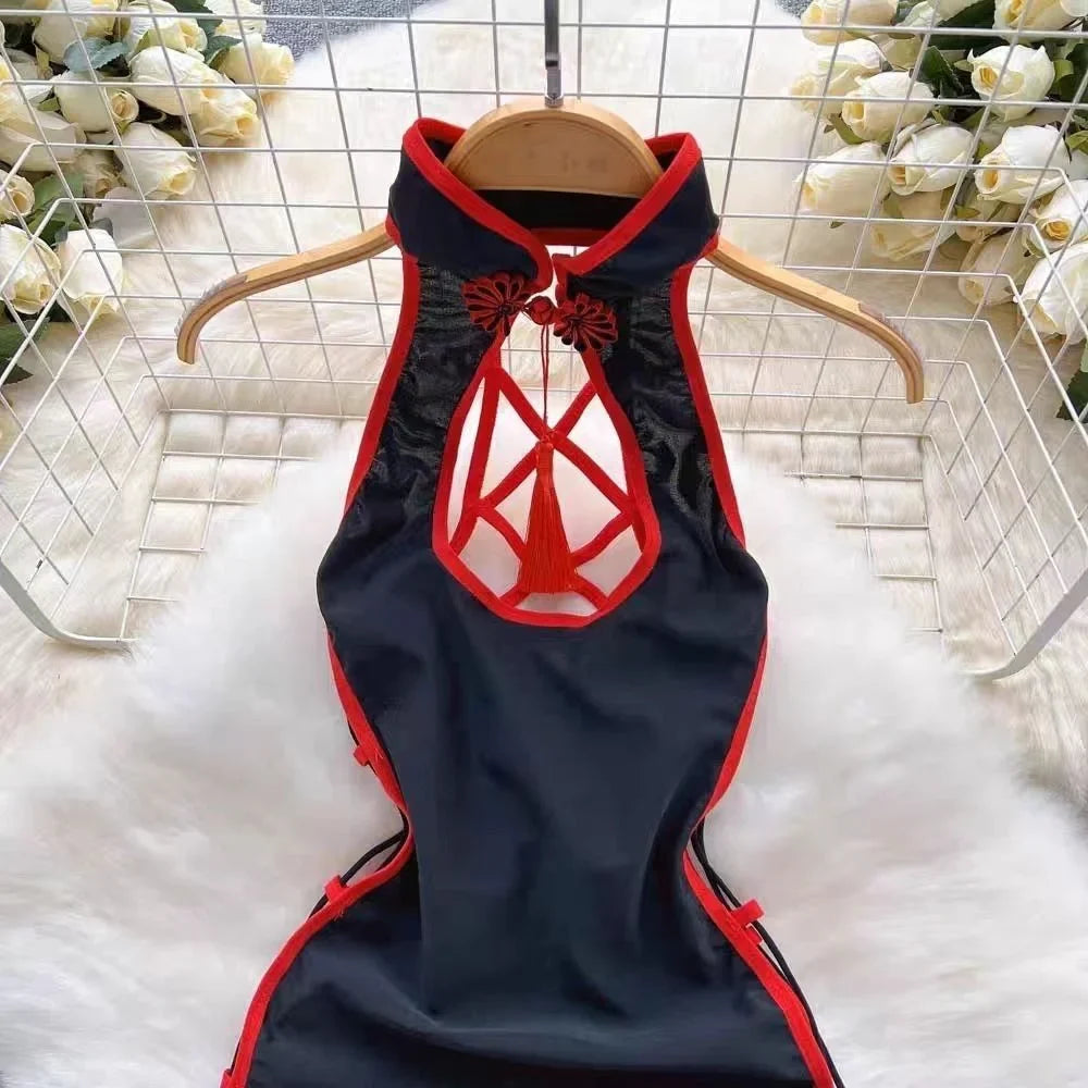 Slim Cheongsam Dress Sleeveless Hollow Out Tassel Nightwear
