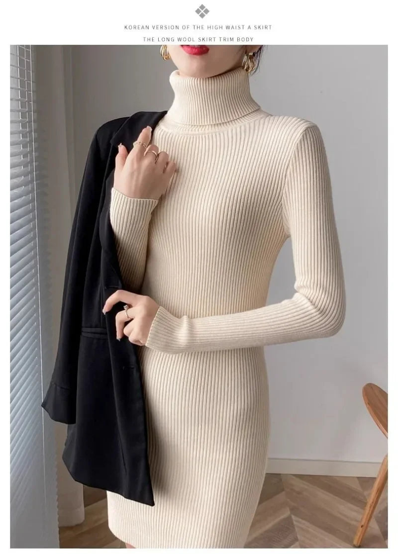 Korean Turtleneck Sweater Dress Bodycon Knit For Office