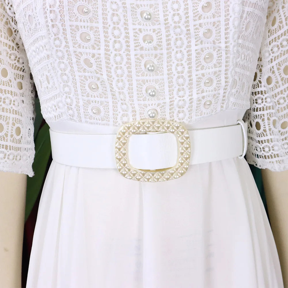 Square Neck Lace Dress Belt A Line Flare Sleeve Mid Calf