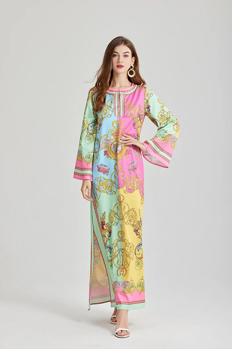 Bohemian Maxi Dress Floral Print Long Sleeve O Neck